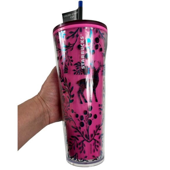 Starbucks 24oz Holiday 2022 Tumbler Woodland Lace Pink Color Changing Cold Drink - Picture 1 of 7
